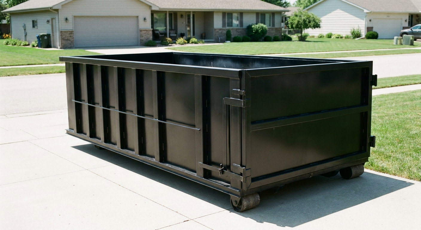Matte-black 10-yard roll-off dumpster on a residential concrete driveway in Bellflower, uniformly painted matte black across every panel and rail, ribbed steel sidewalls and rear swing door visible, mid-day daylight.