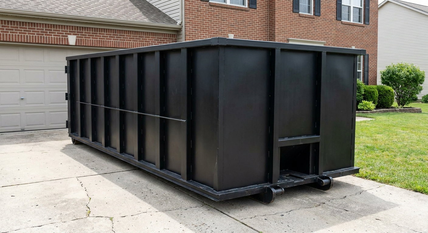 Matte-black 20-yard roll-off container on a Bellflower residential concrete driveway with reinforced ribbed steel sidewalls and a hinged rear walk-in door, clean bright daylight.