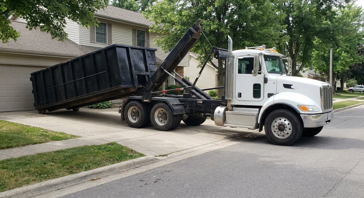 White-cab hooklift roll-off truck actively lowering a matte-black dumpster onto a Bellflower residential concrete driveway, the dumpster's rear wheels touching the driveway as the hoist arm tilts the bed forward, mid-morning daylight.